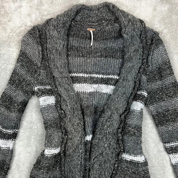 Free People Cardigan Sweater Womens M Wool Blend Chunky Knit Dark Grey Striped - Picture 2 of 11